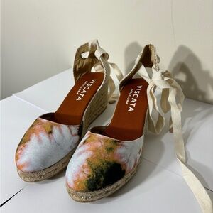 Viscafa Barcelona Wedge Heels Lace Up Size 10.5 US or 41‎ EU Canvas Tie Dye Shoe